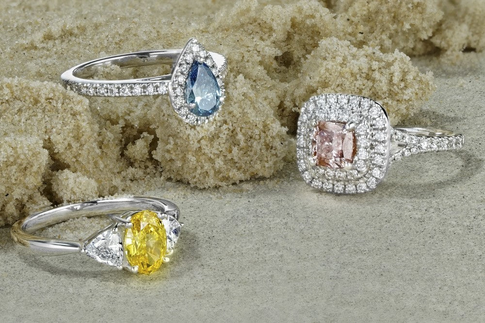 pink, yellow and blue lab diamond rings