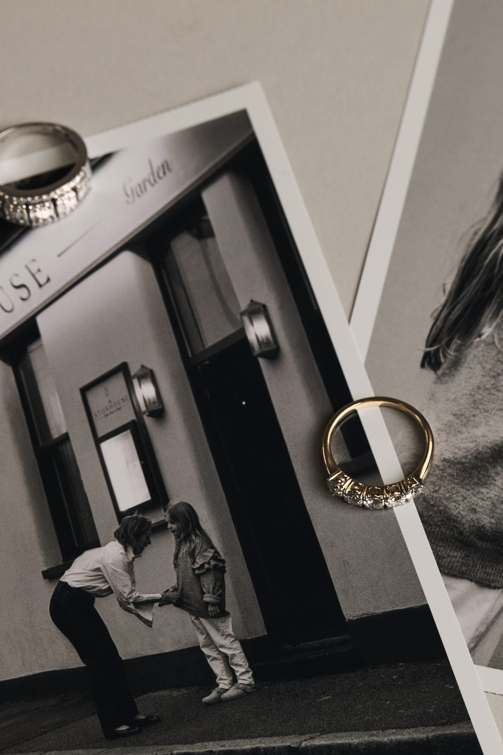 Lab-Grown Diamond Rings over vintage photos