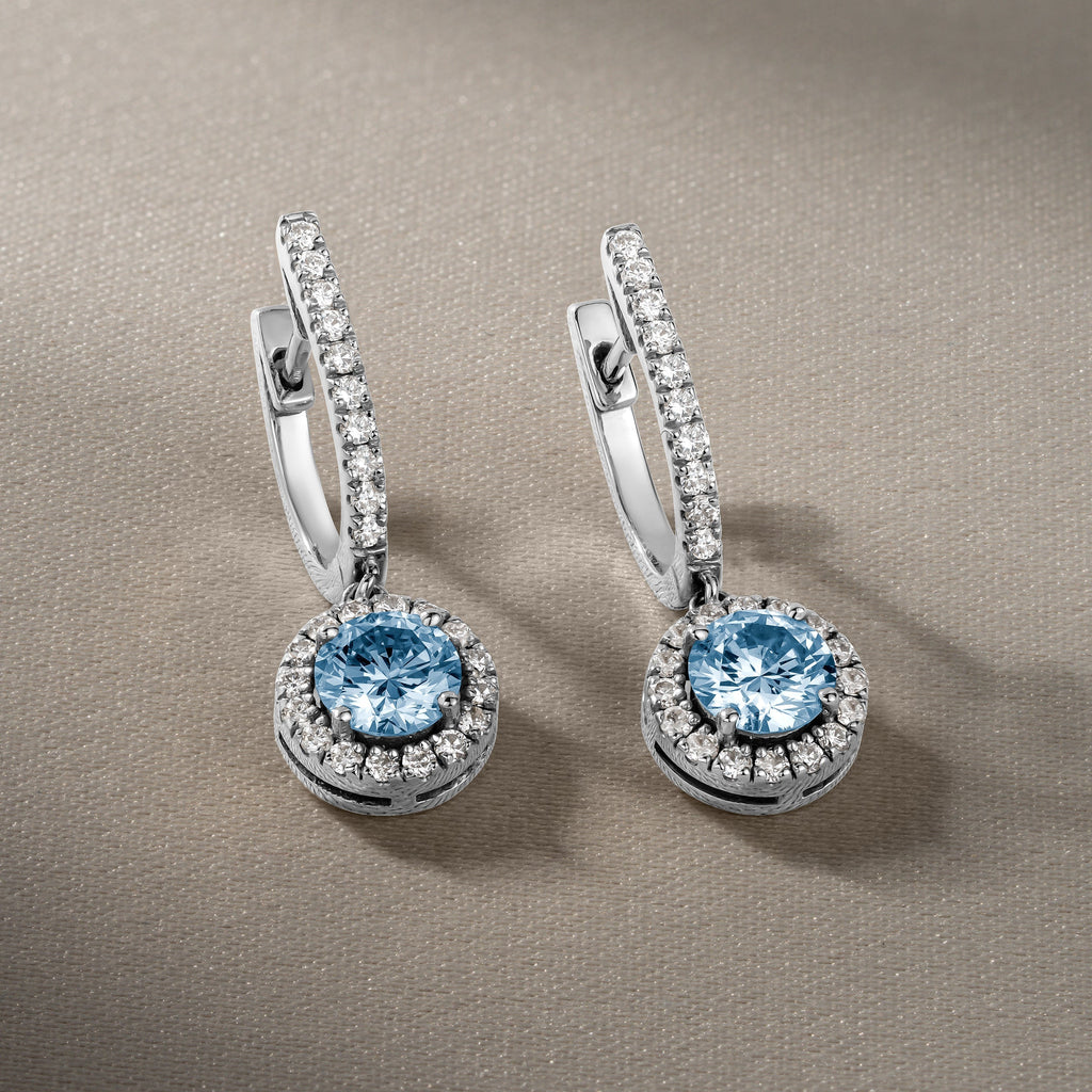 blue topaz and diamond halo drop earrings