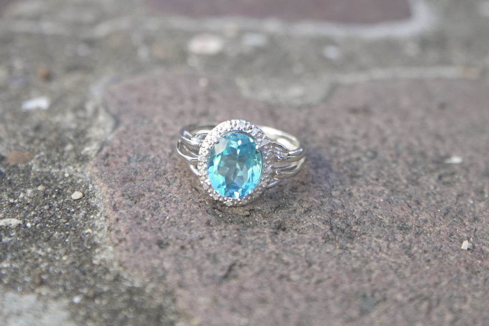 blue topaz diamond halo engagement ring