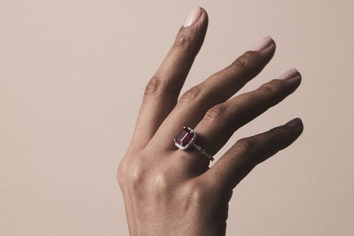 ruby and diamond halo engagement ring