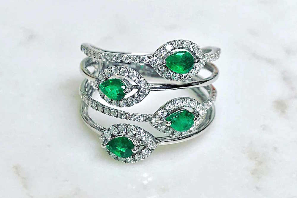 emerald and lab diamond halo statement ring