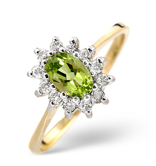 Peridot 6 x 4mm And Diamond 9K Yellow Gold Ring