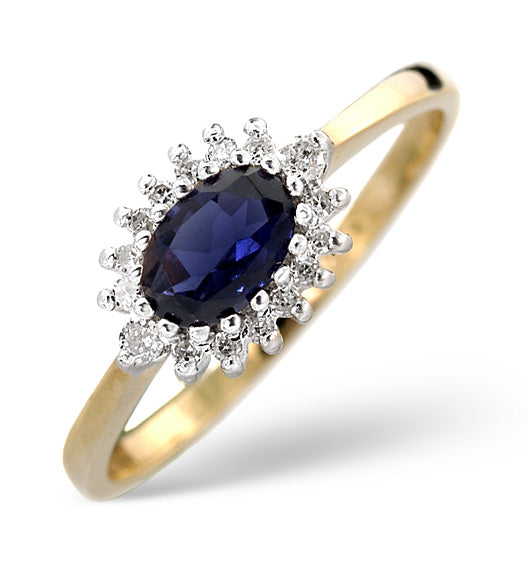 Sapphire 6 x 4mm And Diamond Ring 9K Yellow Gold