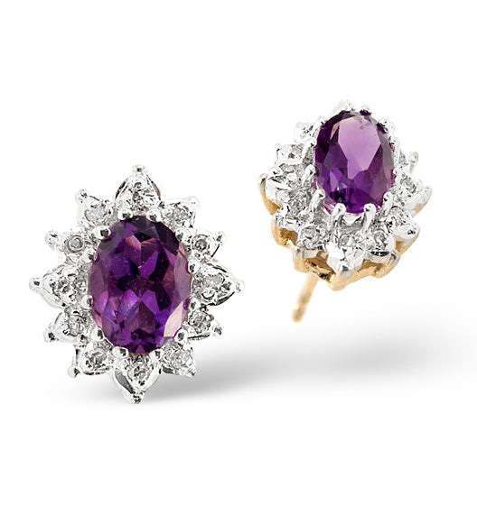 Amethyst 6 x 4mm And Diamond Cluster 9K Yellow Gold Earrings