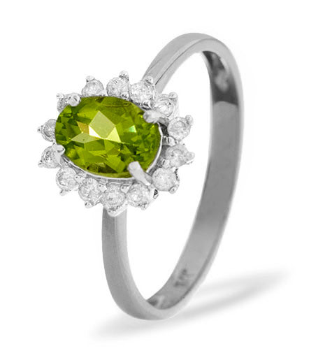 Peridot 7 x 5mm And Diamond 9K White Gold Ring