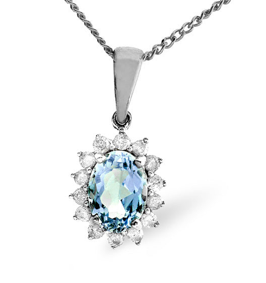 Blue Topaz 7 x 5mm And Diamond 9K White Gold Pendant Necklace