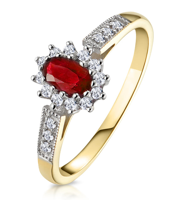 Ruby 5 x 3mm And Diamond 9K Gold Ring A3351