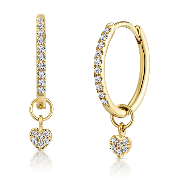 Stellato Diamond Encrusted Huggie Heart Charm Earrings 0.11ct in 9K Gold