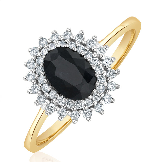 Sapphire 7 x 5mm And Diamond 9K Gold Ring