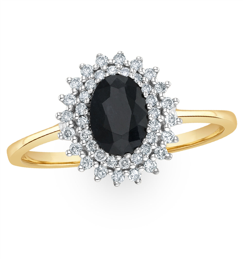 Sapphire 7 x 5mm And Diamond 9K Gold Ring