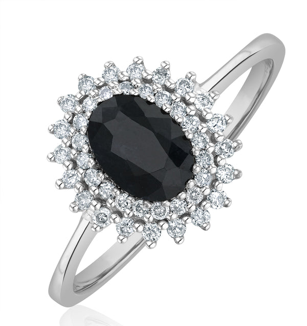 Sapphire 7 x 5mm And Diamond 9K White Gold Ring