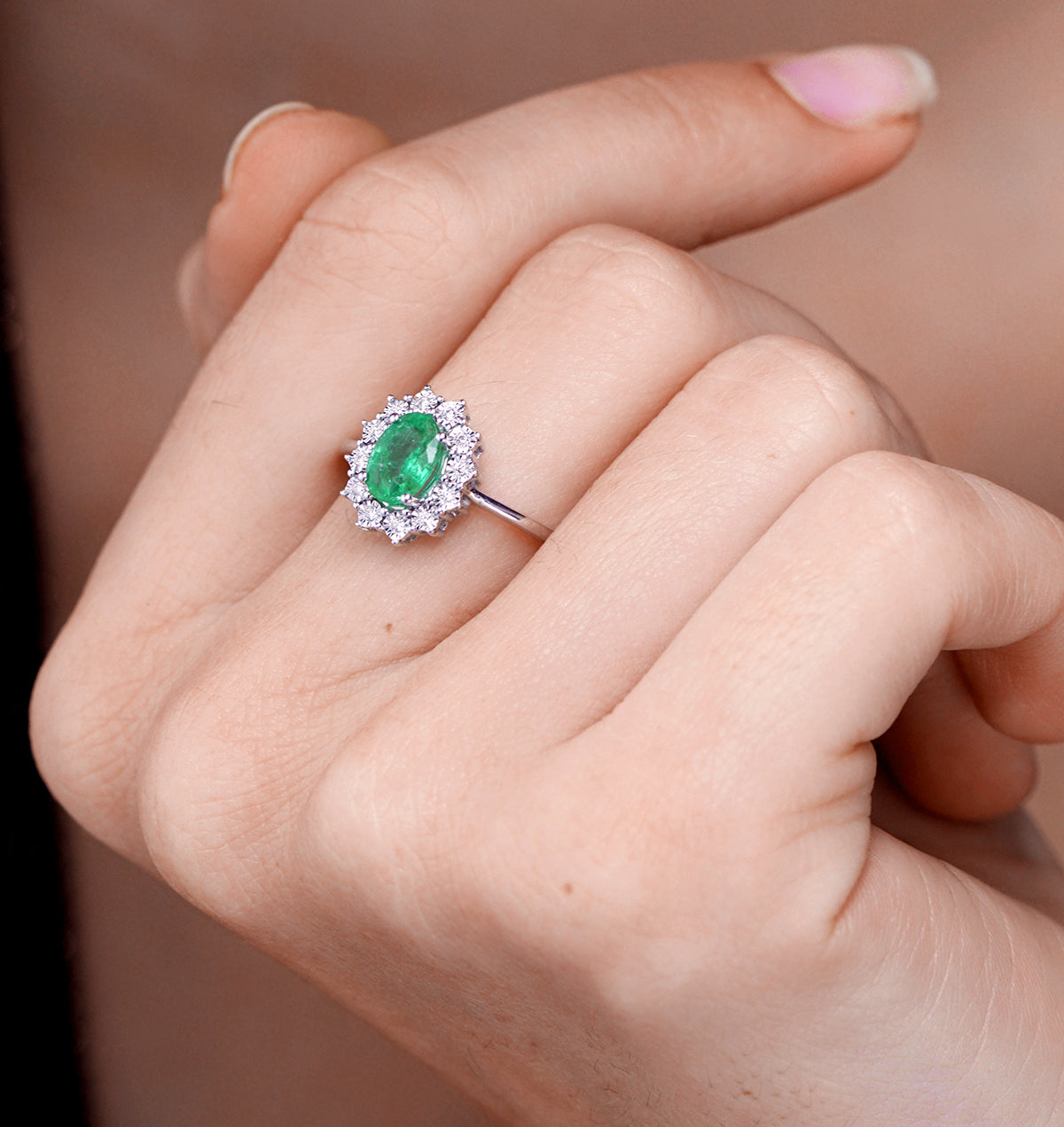 Emerald Ring With Lab Diamond Halo 7 x 5mm Set in 925 Silver