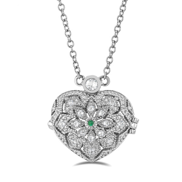Emerald May Birthstone Vintage Locket Necklace White Topaz in Silver