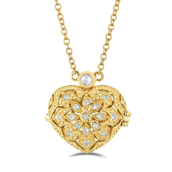 Vintage Heart Locket Lab Diamond Necklace White Topaz in 18K Gold Vermeil