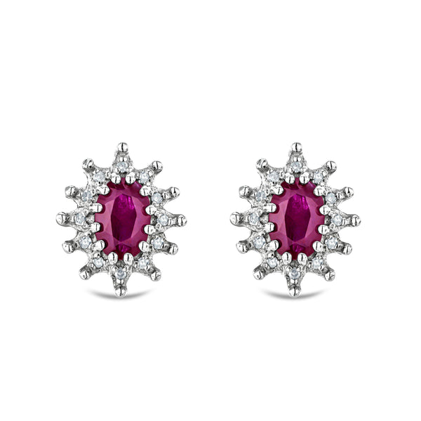 Ruby 6 x 4mm And Diamond Cluster 925 Sterling Silver Earrings