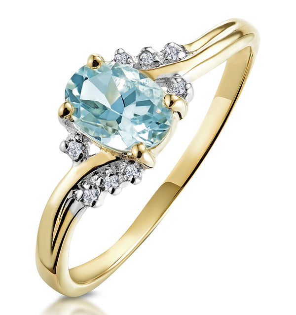 Aquamarine 0.70CT And Diamond 9K Yellow Gold Ring