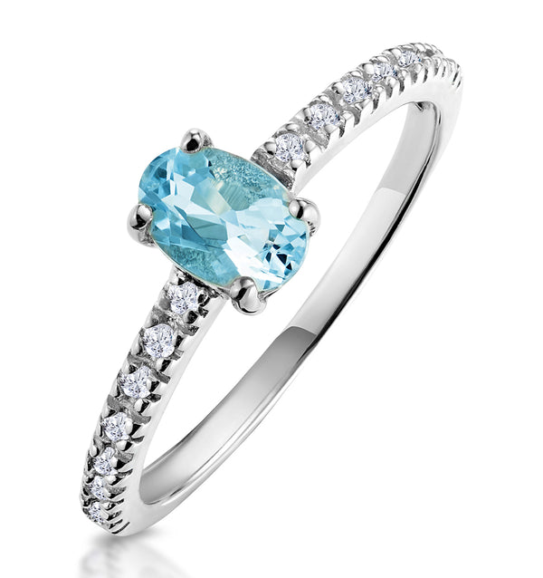 9K White Gold Diamond and Aquamarine Ring 0.08ct