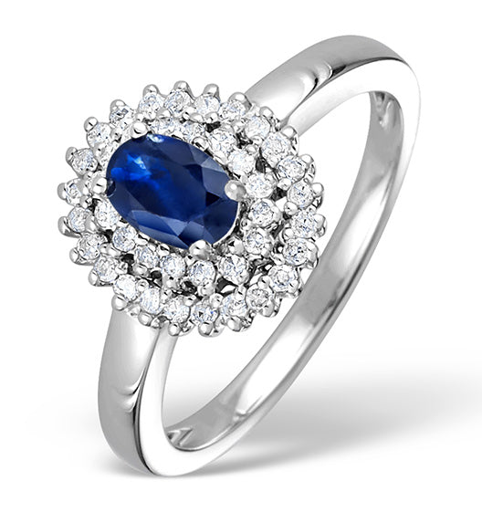 Sapphire 4 x 6mm And Diamond 9K White Gold Ring