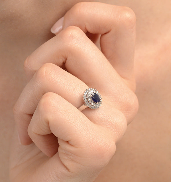Sapphire 4 x 6mm And Diamond 9K White Gold Ring