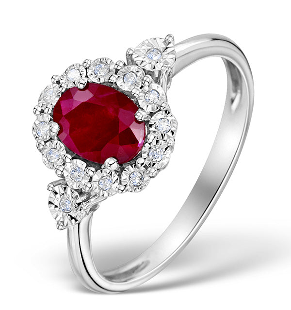 Ruby 7 x 5mm and Diamond 9K White Gold Ring