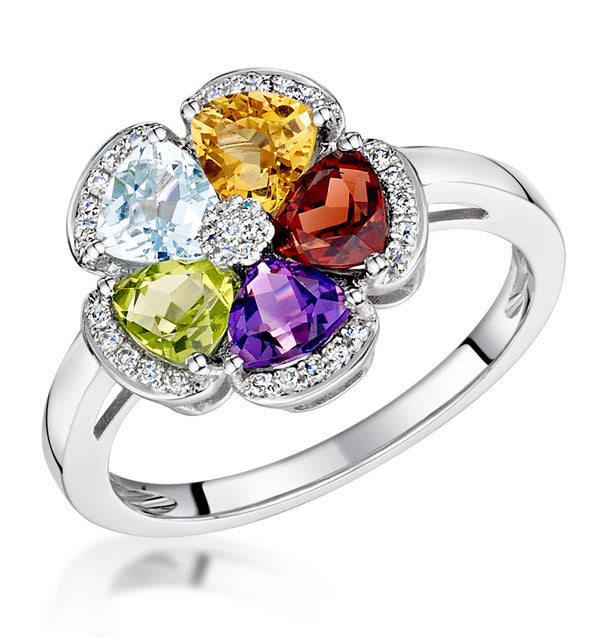 Multi Gem Flower Design Stellato Collection Ring In 9K White Gold