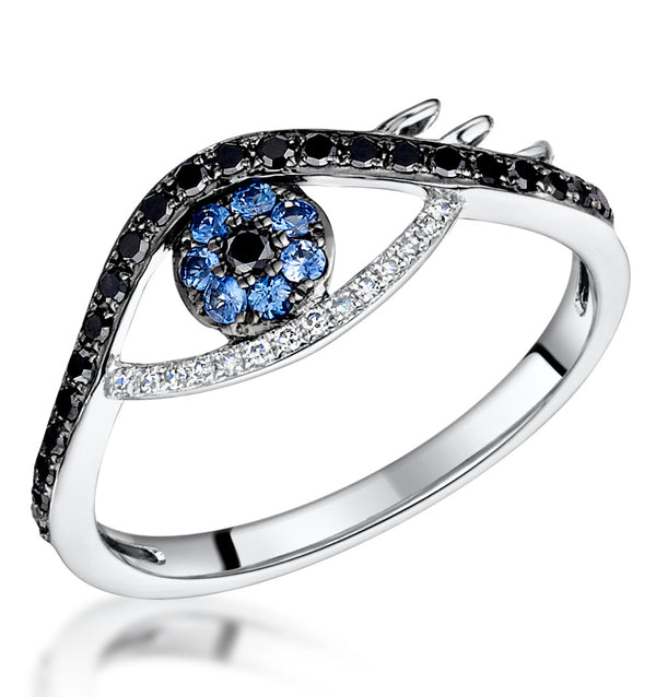 Black Diamond Sapphire Evil Eye Hamsa Stellato Ring in 9K White Gold