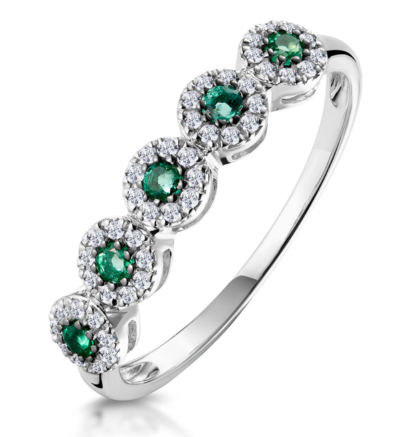 Emerald and Halo Diamond Stellato Eternity Ring in 9K White Gold