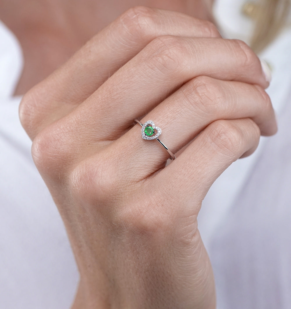 Emerald and Diamond Stellato Heart Ring in 9K White Gold