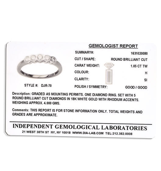 Certified 1.05CT 18K White Gold Five Stone Diamond Rubover Ring - SIZE O