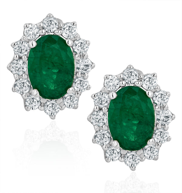 Emerald and Diamond Cluster Earrings 7 x 5mm in 18K White Gold