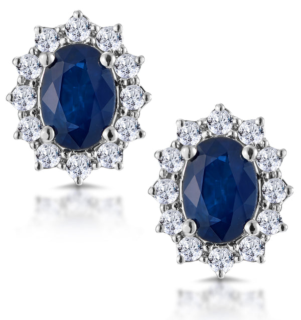 Sapphire and Lab Diamond Cluster Earrings 7 x 5mm in 18K White Gold