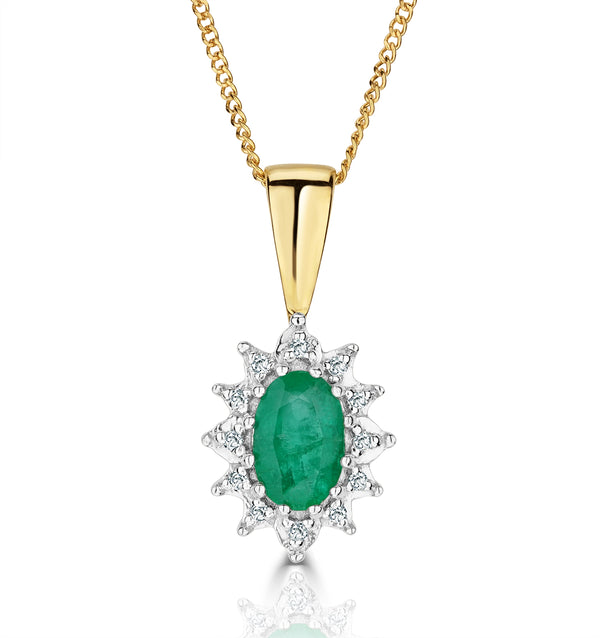 Emerald 0.43CT And Diamond 9K Yellow Gold Pendant Necklace