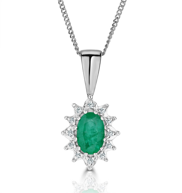 Emerald and Diamond Cluster Pendant Necklace 0.52ct in 9K White Gold