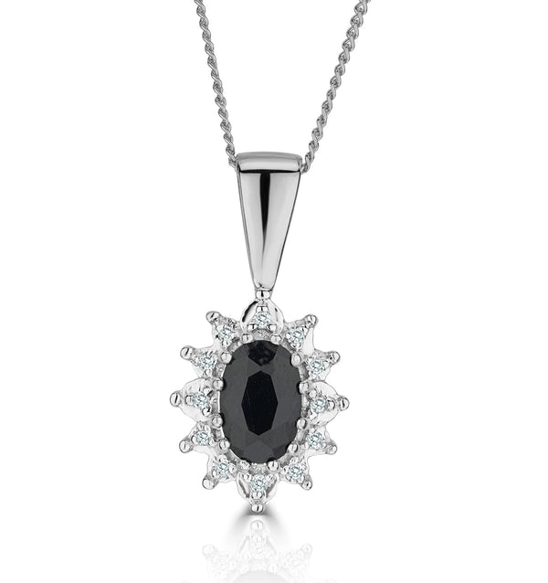 Sapphire and Diamond Cluster Pendant Necklace 6x4mm in 9K White Gold