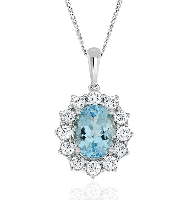 Aquamarine and Diamond Cluster Necklace Pendant 9x7mm 18K White Gold