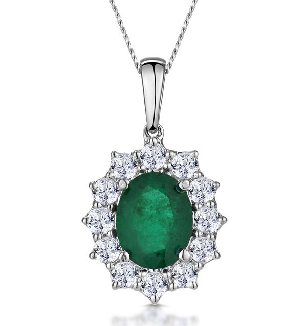 Emerald and Diamond Cluster Necklace Pendant 9x7mm in 18K White Gold