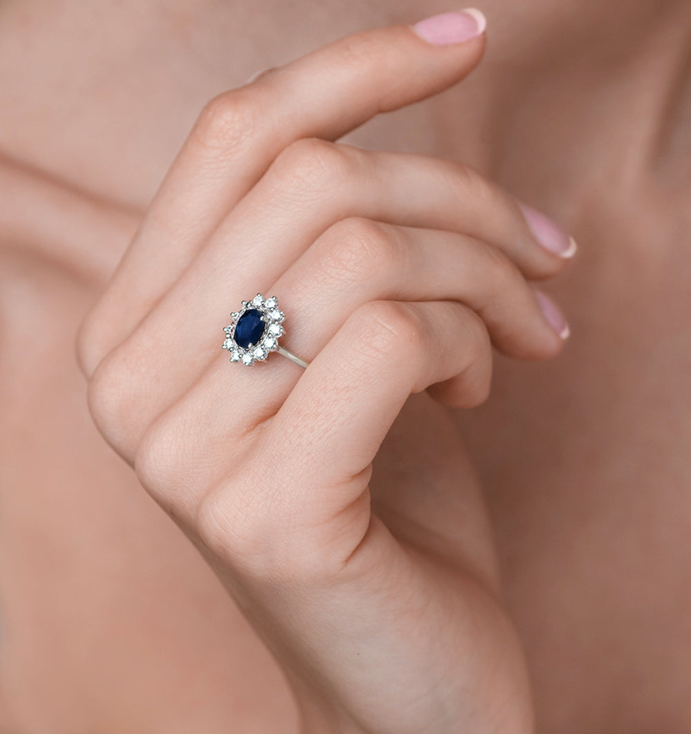 1.55ct Oval Cut Sapphire and Lab Diamond Halo Ring in 9K White Gold