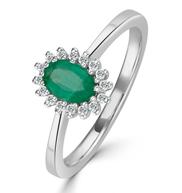 Emerald 6 x 4mm And Diamond 9K White Gold Ring Item A4434