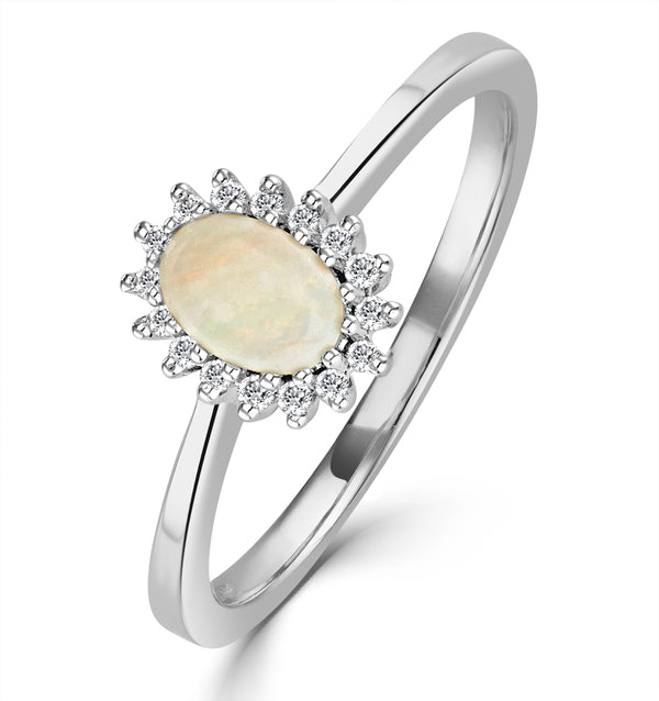 Opal 6 x 4mm And Diamond 9K White Gold Ring