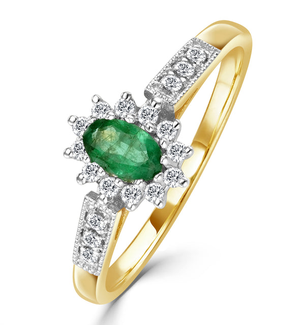 Emerald 5 x 3mm And Diamond 9K Gold Ring A3203
