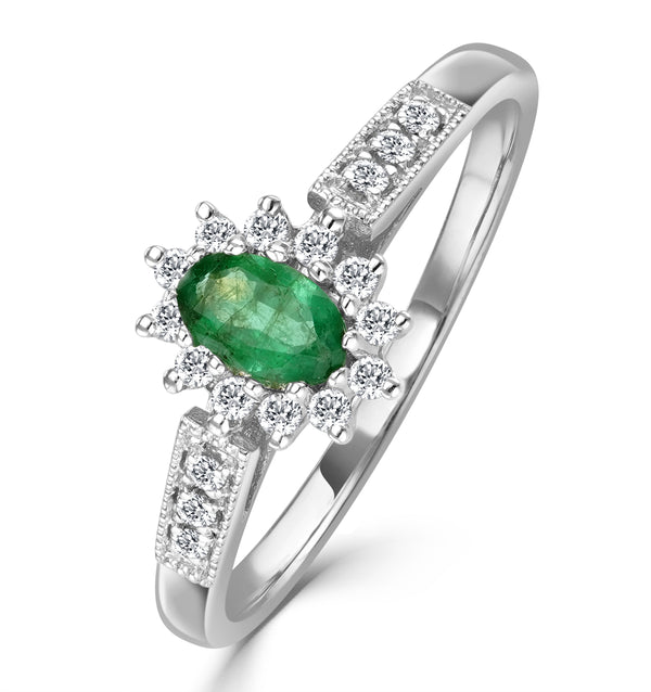 Emerald 5 x 3mm And Diamond 18K White Gold Ring
