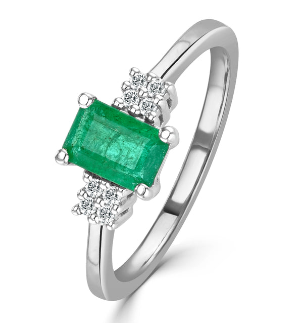 Emerald 6 x 4mm And Diamond 9K White Gold Ring A3078