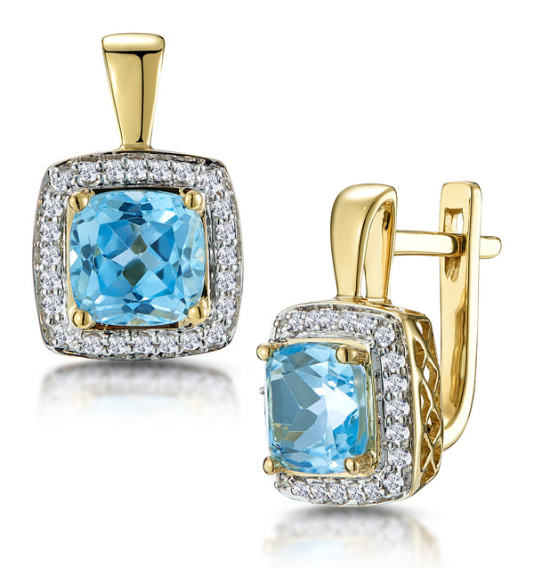 3ct Blue Topaz and Diamond Halo Earrings 18K Gold - Asteria Collection