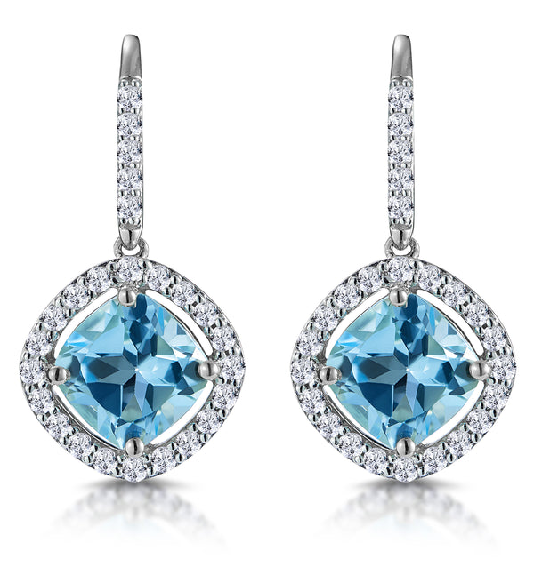 2.5ct Blue Topaz and Diamond Halo Asteria Earrings 18K White Gold