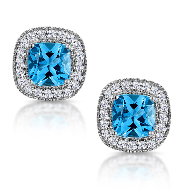 3ct Blue Topaz Lab Diamond Halo Earrings in 9K White Gold - Asteria
