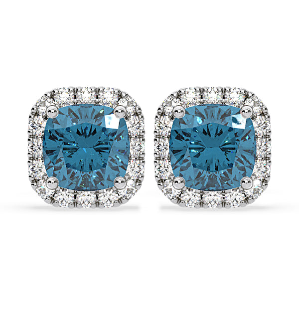 Beatrice Blue Lab Diamond Cushion Cut 2.45ct Halo Earrings in 18K White Gold - Elara Collection