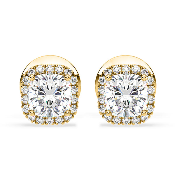 Beatrice Cushion Cut Lab Diamond Halo Earrings 1.30ct in 18K Yellow Gold F/VS1