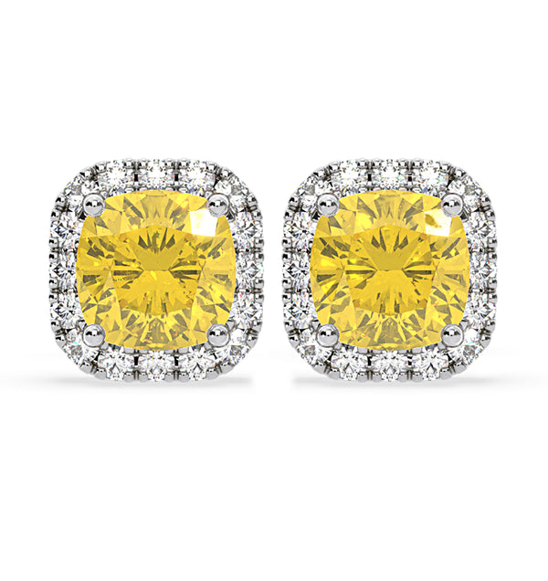 Beatrice Yellow Lab Diamond Cushion Cut 2.45ct Halo Earrings in 18K White Gold - Elara Collection
