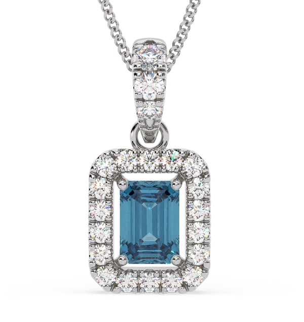 Annabelle Blue Lab Diamond Emerald Cut Halo Necklace 1.38ct in 18K White Gold - Elara Collection